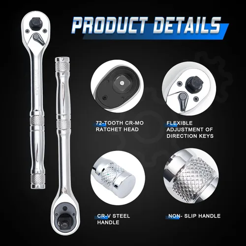 Miniatura 2 de Mango de trinquete 3 en 1,1/4", 3/8", llave de trinquete de 1/2", interruptor reversible de 72 dientes,Chapado en cromo pulido completo,Acero al