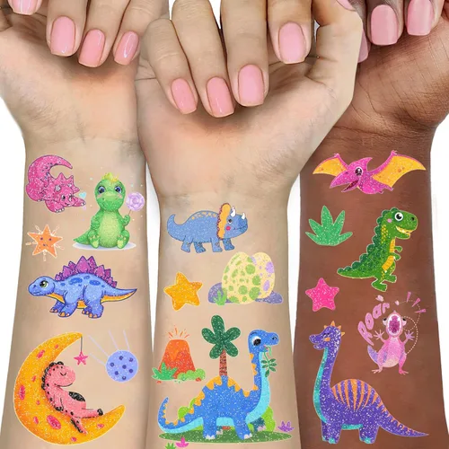 Ozepao Tatuajes temporales con purpurina de dinosaurio para niños, 160 estilos, recuerdos de fiesta de dinosaurio, suministros de fiesta de