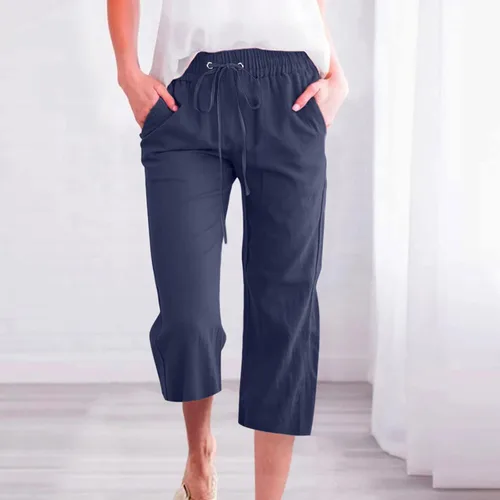 Miniatura 3 de WKSCLPAI Pantalones capri para mujer, casuales, de verano, talla grande, de lino, cintura alta, con cordón, pantalones cortos con bolsillos