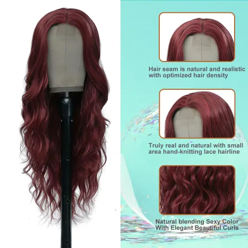 Miniatura 3 de Pelucas rojas para mujer, peluca larga ondulada natural, parte media, peluca roja vino, peluca sintética rizada de repuesto, pelucas de fibra