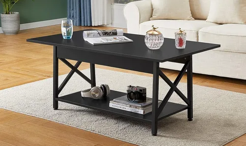 Miniatura 2 de GreenForest - Mesa de café negra con estante de almacenamiento de 39 pulgadas, mesa central rectangular de 2 niveles para sala de estar, mesa Negro