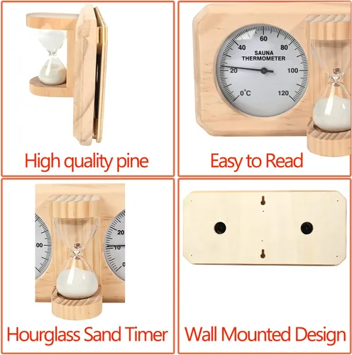 Miniatura 5 de ikare Termómetro e higrómetro para sauna 3 en 1 de madera con temporizador de arena de reloj de arena de 15 minutos, accesorios de pared para sauna