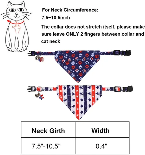 Miniatura 6 de ADOGGYGO Collares de gato con bandera americana separables con bandana extraíble, collar de bandana ajustable del 4 de julio para gatos y gatitos
