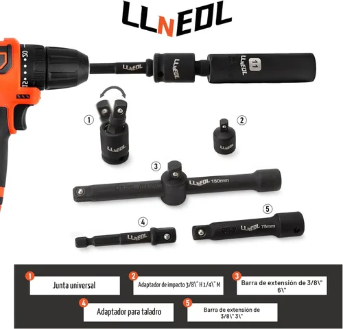 Miniatura 4 de LLNEDL Juego de llaves de impacto 3/8 Drive, 95 piezas de llave de vaso de impacto profundo y superficial, 6 puntos métricos y estándar completo