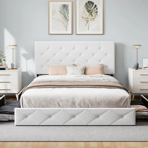 Miniatura 3 de WEEWAY Base de cama de plataforma de tamaño matrimonial con 4 cajones de almacenamiento, cabecera capitonada con botones de costura de diamante