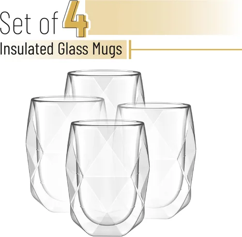 Miniatura 2 de BTAT - Vasos de doble pared, paquete de 4, 12 onzas (11.8 fl oz), vasos de vidrio aislados en forma de diamante, vasos de doble pared para té