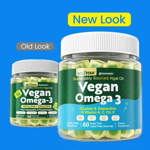 Miniatura 9 de Gomitas Omega 3 de 1600 mg, suplemento de algas Omega 3 sin pescado + multivitamínico, luteína, zeaxantina, arándano, vitamina A, C, D3, E