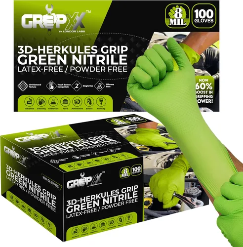 GRIPXX Herkules Grip guantes de nitrilo verde de alta resistencia de 8 mil, textura de diamante 3D elevada - libres de látex y polvo - industriales,