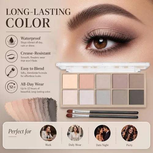 Miniatura 6 de Sulily Paleta de sombra de ojos color nude, 10 colores, maquillaje de sombra de ojos mate, gris pardo marrón, humo neutro, pigmento alto mezclable