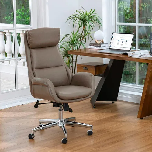 Glitzhome Silla de oficina ejecutiva, silla de escritorio de mediados de siglo con respaldo alto, silla de cuero con soporte lumbar, silla giratoria