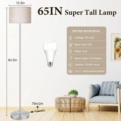 Miniatura 3 de Lámpara de pie de 65’’ moderna y simple con interruptor de pie, lámpara de pie plateada para sala de estar con bombilla LED de 3 colores Plata+crema