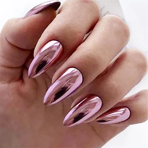 Miniatura 10 de Uñas postizas cromadas negras a presión de almendra mediana, uñas postizas de aguja con diseño brillante, uñas postizas acrílicas de metal brillante