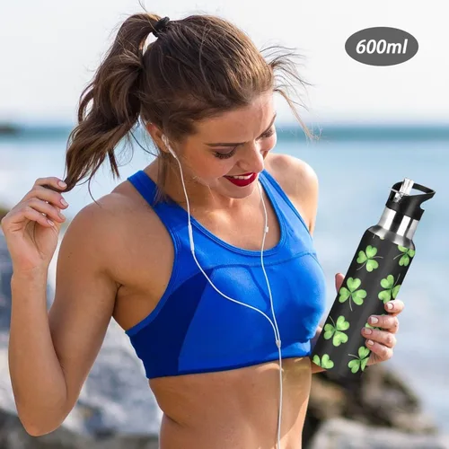 Miniatura 6 de Green Shamrocks Clovers Black Stainless Steel Vacuum Insulated Water Bottle 20 Oz, BPA-Free Sports Water Bottle with Straw Leakproof Water Bottles