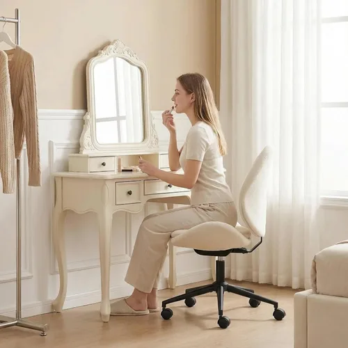 Miniatura 3 de Furniliving Silla de escritorio de felpilla sin brazos con ruedas, silla tapizada de oficina en casa con cojín de doble capa, silla giratoria Blanco