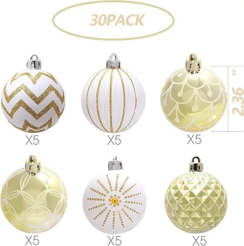 Miniatura 2 de 30 bolas de adorno de Navidad, 60 mm, doradas y blancas, decoraciones de Navidad para árbol de Navidad, adornos colgantes irrompibles para fiestas