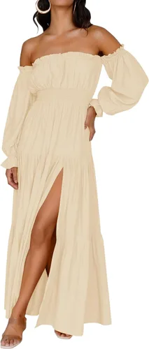 Miniatura 56 de ZESICA - Vestido largo, bohemio y sexy, con hombros descubiertos y manga larga fruncida, con elástico fruncido, cintura alta y abertura lateral