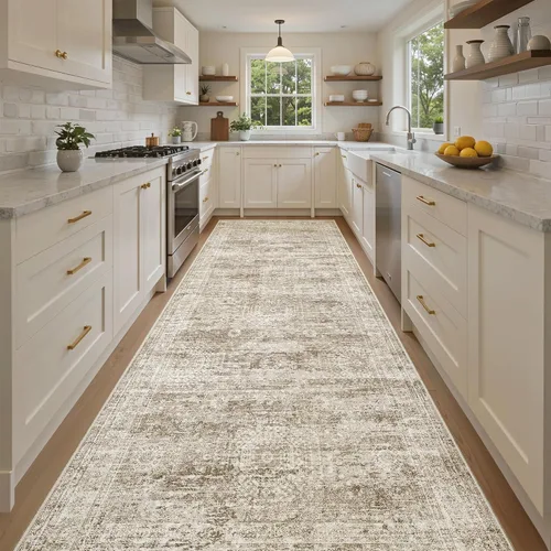Miniatura 55 de Alfombra de pasillo Soalmost 2'6" x 10' lavable, alfombra antideslizante para cocina, baño, lavandería, alfombras vintage ultra delgadas para Beige