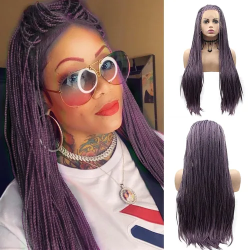 Miniatura 11 de Pelucas trenzadas azules con encaje frontal para mujeres negras, con micro trenzas trenzadas, color degradado, menta, verde, azul, morado, peluca
