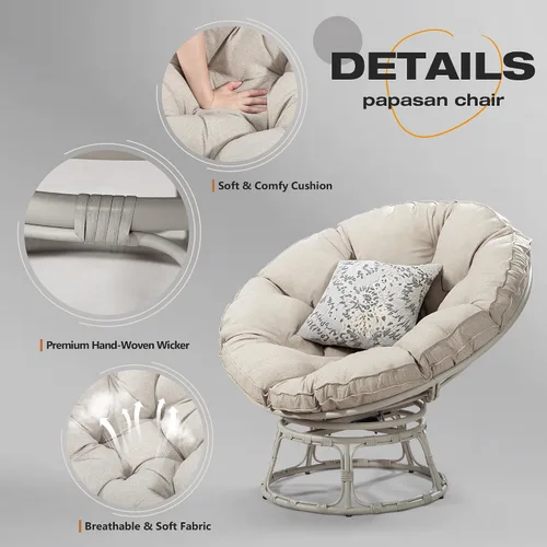 Miniatura 6 de Papasan - Silla con cojín, base giratoria de 360°, platillo grande, marco gris claro, poliéster beige
