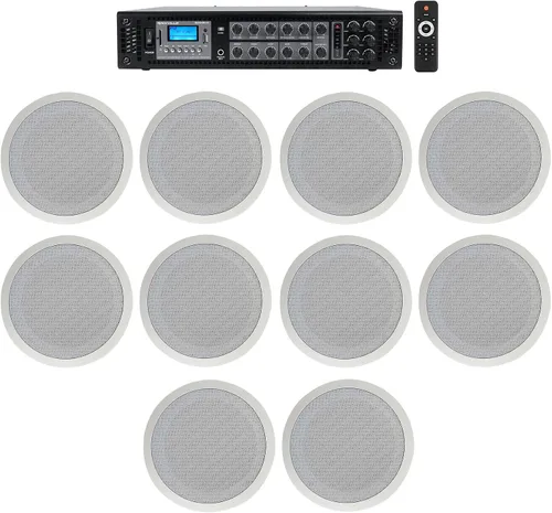 Rockville Paquete CC80T: (10) altavoces de techo comerciales blancos de 8 en 2 vías 70 V para restaurante y bar, RCS180-6 amplificador Bluetooth de
