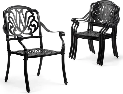 Miniatura 12 de VINGLI Juego de 2 sillas de patio apilables de aluminio fundido para exteriores con acabado negro vintage y patrón floral, sillones de metal