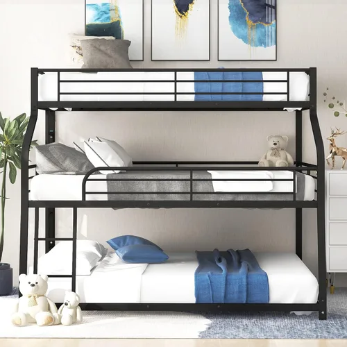 Miniatura 3 de Flieks Cama triple de metal individual XL sobre matrimonial XL sobre cama Queen con escaleras, litera para familia, adolescentes, no necesita somier