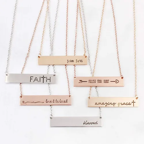 Miniatura 3 de RIAH FASHION Collar de barra con dije de mensaje positivo inspirador Placa de letras grabada delicada cadena Be Brave, Follow Your Heart, Love
