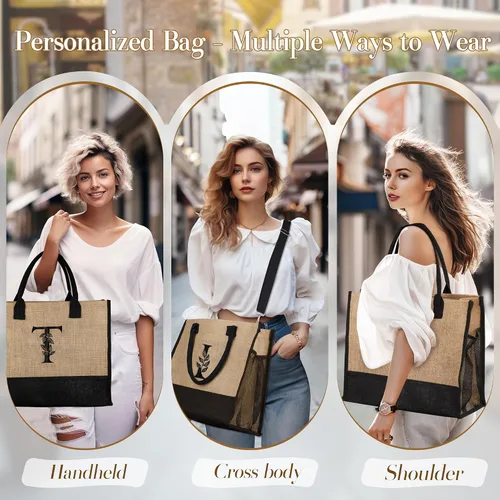 Miniatura 4 de Regalos personalizados Bolsa de mano con monograma para mujer, bolsa de playa grande con monograma P con bolsillos laterales e interiores