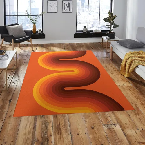 Miniatura 3 de Alfombra retro de color marrón naranja y marrón, antideslizante, 5 x 7 pies, alfombra de yoga moderna de mediados de siglo, alfombra de yoga
