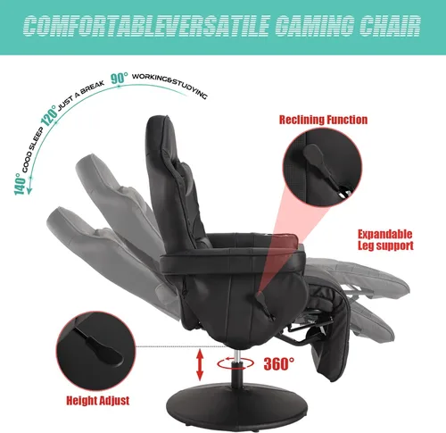 Miniatura 3 de LVUYOYO Silla reclinable para juegos, silla de juegos con reposapiés y masaje, respaldo alto de cuero PU reclinable para juegos con altura