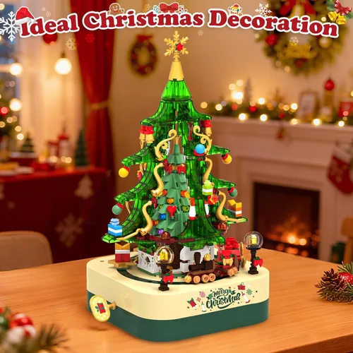 Miniatura 5 de Shemira Juego de 594 piezas de bloques de construcción de árbol de Navidad, caja de música giratoria de Navidad, juegos de construcción de juguetes