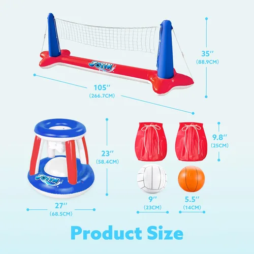Miniatura 8 de JOYIN - Juego de flotadores inflables para piscina con red de voleibol y aros de baloncesto, pelotas incluidas para niños y adultos, juguete de Rojo