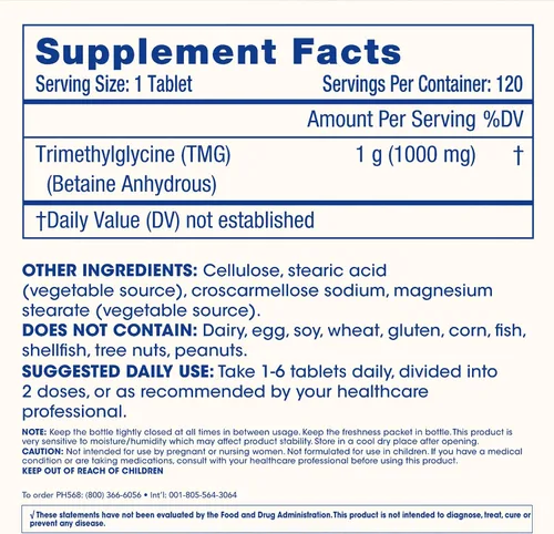 Miniatura 6 de ProHealth Longevidad TMG Supplements (trimetilglicina), betaína anhidra - 1,000 mg, 120 tabletas - Soporte de metilación (120