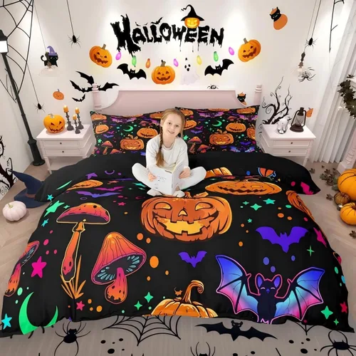 Miniatura 32 de Erosebridal Juego de ropa de cama de murciélago de Halloween, tamaño individual, con purpurina y estrellas, galaxia, funda de edredón para niños