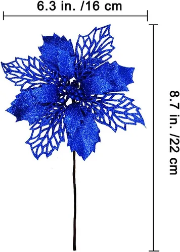 Miniatura 2 de 24 piezas de palitos de flores de Pascua artificiales de hojas de acebo de malla azul con purpurina, adornos para árbol de 5.9 pulgadas de ancho