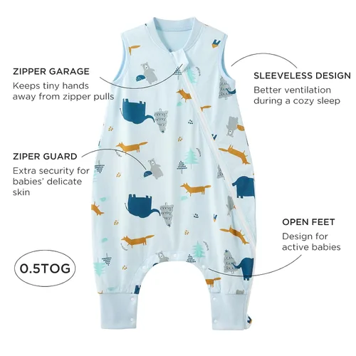 Miniatura 4 de Duomiaomiao Paquete de 2 bolsas de dormir TOG para niños de 6 a 12 meses, 100% algodón, ligero, con pies, transpirable, cómoda manta para niños