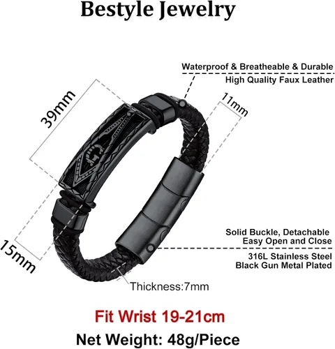 Miniatura 7 de Bestyle Pulseras vikingas trenzadas de cuero genuino para hombres y niños, pulseras vintage de martillo de Thorcalaveramasónico masón con cierre,
