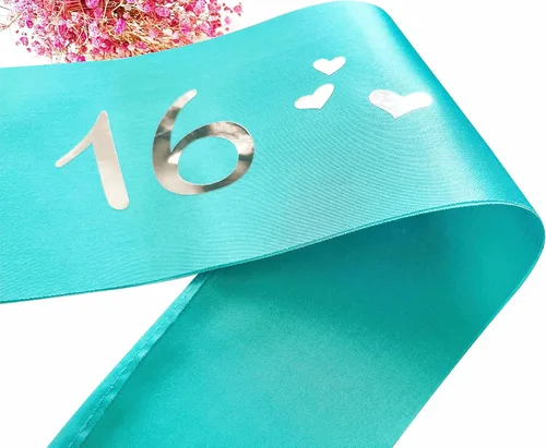Miniatura 6 de Banda de 16, bandas suaves de satén azul y verde con letra de papel de aluminio plateado, bandas de decoración de cumpleaños de 16 años, regalos
