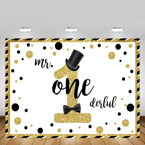 Miniatura 2 de MEHOFOND Mr Onederful - Fondo de cabina de estudio fotográfico negro y dorado con purpurina dorada, sombrero negro, pajarita para decoración