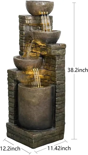 Miniatura 7 de Hamiedun Fuente de agua de 38.2 pulgadas de alto para exteriores, cuencos en cascada y piedras apiladas con luces LED, fuente de cascadas