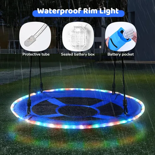 Miniatura 4 de Trekassy Columpio de árbol de platillo de 40 pulgadas con luces LED para niños y adultos, al aire libre, 2 correas para colgar en árboles, color azul