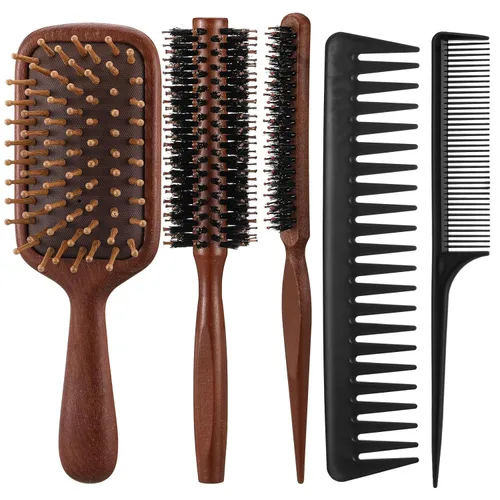 Miniatura 8 de Juego de 5 cepillos para el cabello para mujer, peine desenredante, cepillo para hombres y mujeres, cabello húmedo, seco, rizado y liso