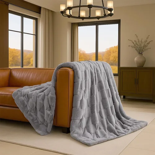 Miniatura 2 de Cozy Bliss Manta de Tiro de Piel Sintética de Conejo a Cuadros Gris, Mantas Suaves Difusas Esponjosas Minky Peludas para Sofá, Cama