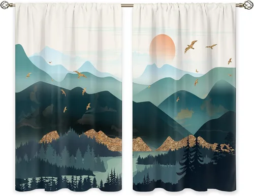 Miniatura 6 de Cortinas de cocina pequeñas de montaña abstracta verde azulado, tratamiento de ventana de montaña, naturaleza, puesta de sol, paisaje, cafetería