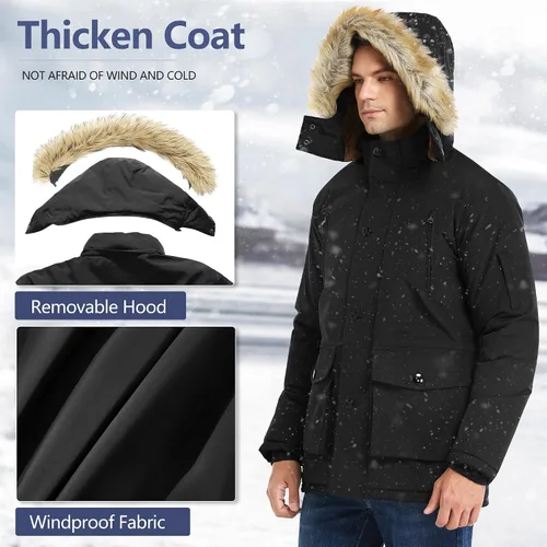 Miniatura 2 de JYG - Chaqueta de invierno gruesa para hombre, parka acolchada con capucha extraíble de piel sintética