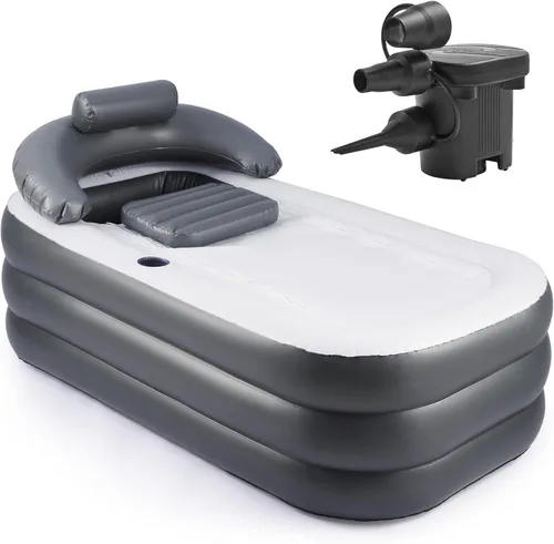 CO-Z Bañera inflable con bomba de aire eléctrica, bañera portátil con funda de almohada de baño inflable, soporte para vasos de drenaje, bañera Gris