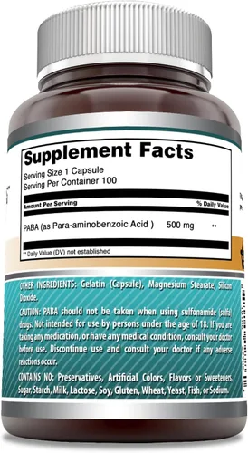 Miniatura 3 de Amazing Formulas PABA - Suplemento de 500 mg Cápsulas Sin OMG Sin gluten Fabricado en Estados Unidos (paquete de 1 100 unidades)
