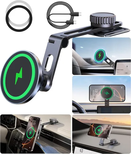Miniatura 12 de Cargador de teléfono de coche certificado Qi2 para MagSafe, brazo plegable y ajustable de 360°, soporte magnético universal para pantalla de espejo