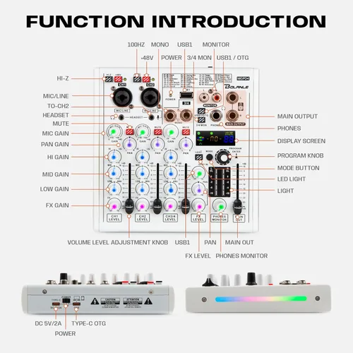 Miniatura 7 de Bolanle Mezclador DJ de 4 canales con 100 efectos DSP, interfaz de audio USB y Bluetooth, tarjeta de sonido profesional para podcast, karaoke