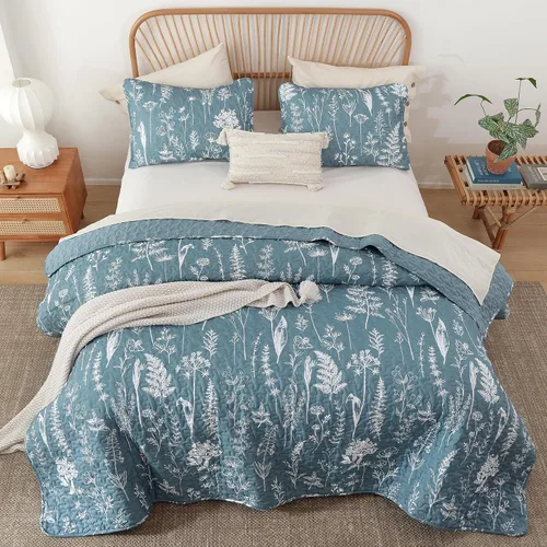 Miniatura 5 de JANZAA Edredón Tamaño Queen de 3 Piezas con Diseño Botánico, Juego de Colchas Tamaño Queen con Estampado Floral, Edredón Ligero de Microfibra Azul